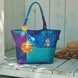 Vintage Laurel Burch Celestial Canvas Tote With Charms Blue and Purple